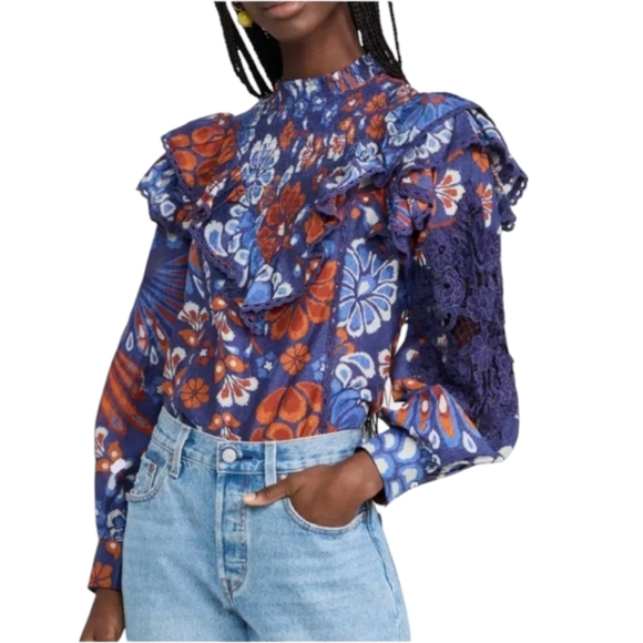 Farm Rio Pineapple Flowers High Neck Ruffles & Lace Blouse, EUC, size Small - Picture 2 of 13